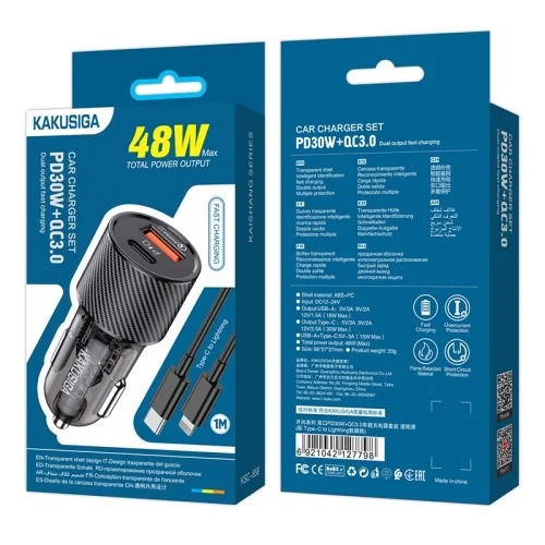 Ksc 856 Kaishang Pd30w Qc3 0 Dual Port Car Charger Set Lightning To Type C | Kakusiga (KSC) | AdvanceStore UK