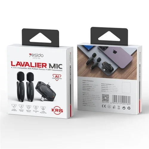 Yasido Kr15 Wireless Lavalier Microphone Ip Type C 3 5mm Receiver 2 Transmitter Microphone Set | Yesido | AdvanceStore UK