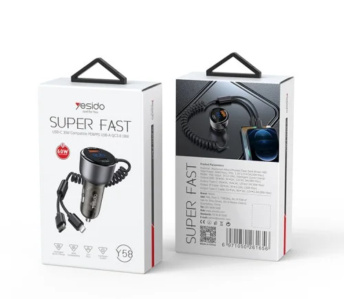 Yesido Y58 60w Fast Charging Car Charger %e2%80%93 Dual Port With Built In Type C And Lightning Cables | Yesido | AdvanceStore UK
