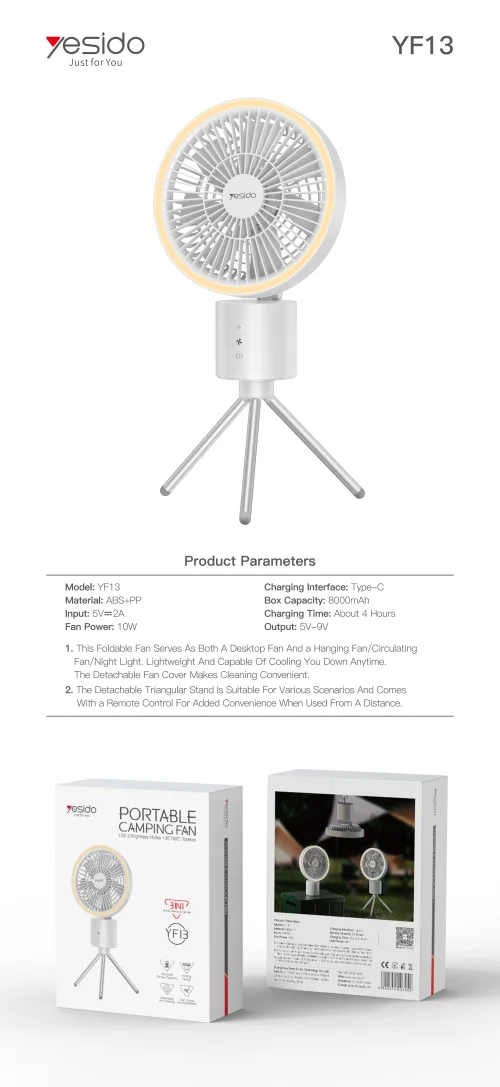 Yesido Yf13 Portable Mini Fan 3 Speed 2000mah Battery Foldable Design | Yesido | AdvanceStore UK